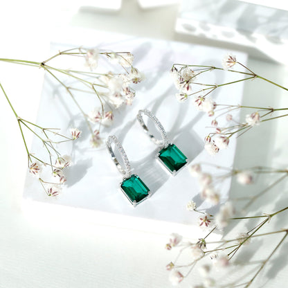 Certified 4.6 Carat Lab Created Emerald Hoop Drop Earrings in Silver