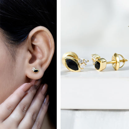 Natural Black Onyx Stud Earrings with Diamond Trio