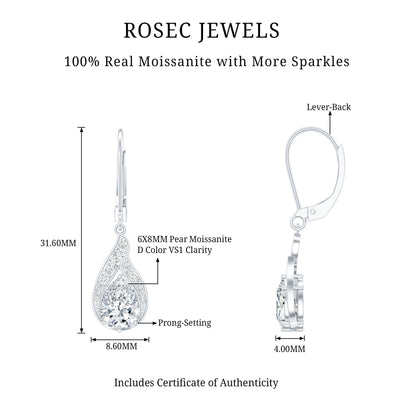 Certified Moissanite Teardrop Bridal Earrings with Leverback