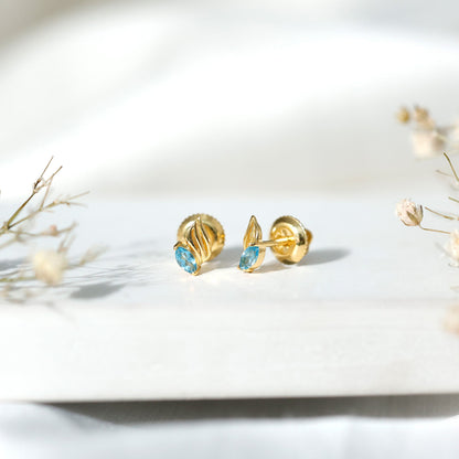 Natural Swiss Blue Topaz Leaf Earrings in Silver