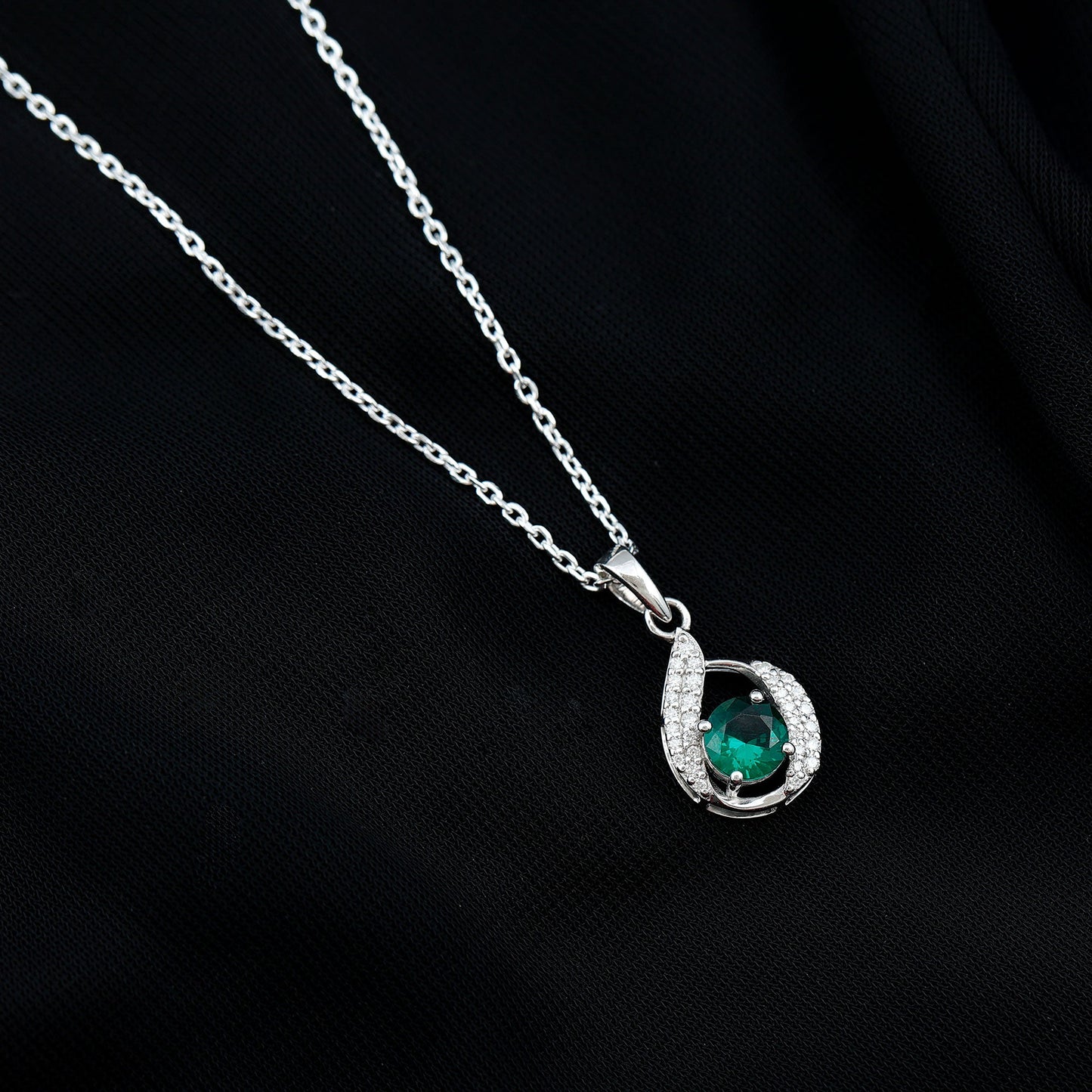 Certified 0.8 Carat Lab Grown Emerald Drop Necklace with Silver Chain