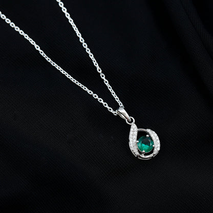 Certified 0.8 Carat Lab Grown Emerald Drop Necklace with Silver Chain