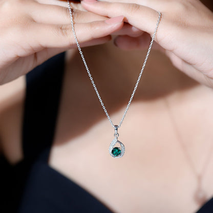 Certified 0.8 Carat Lab Grown Emerald Drop Necklace with Silver Chain