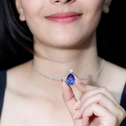 Certified 9 Carat Pear Shape Lab Grown Blue Sapphire Necklace With Silver Chain