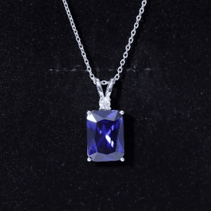 9 Carat Emerald Cut Lab Grown Blue Sapphire Solitaire Necklace With Silver Chain