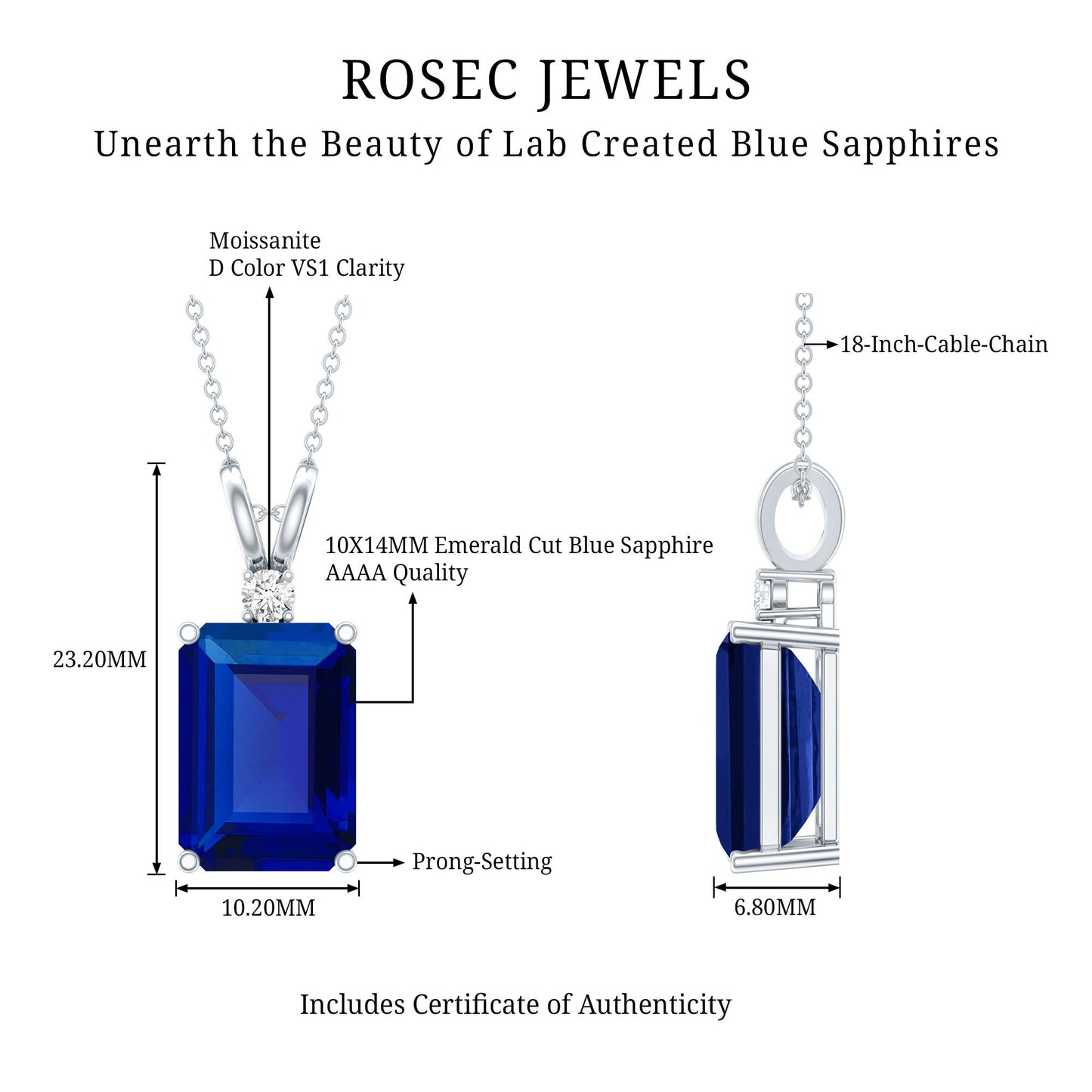 9 Carat Emerald Cut Lab Grown Blue Sapphire Solitaire Necklace With Silver Chain