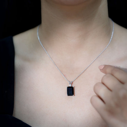 9 Carat Emerald Cut Lab Grown Black Diamond Pendant Necklace In Silver