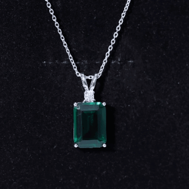Certified 8 Carat Lab Grown Emerald Solitaire Necklace with Silver Chain