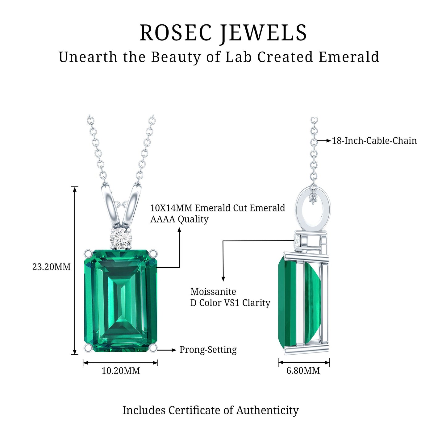 Certified 8 Carat Lab Grown Emerald Solitaire Necklace with Silver Chain