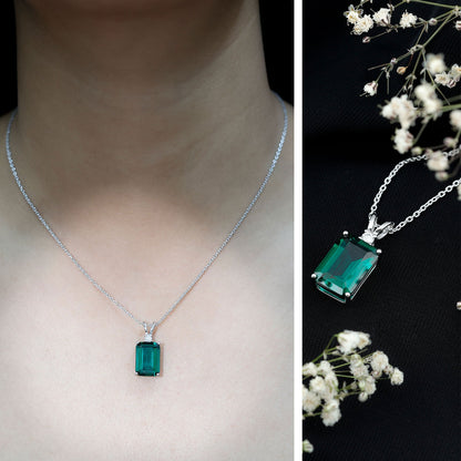 Certified 8 Carat Lab Grown Emerald Solitaire Necklace with Silver Chain
