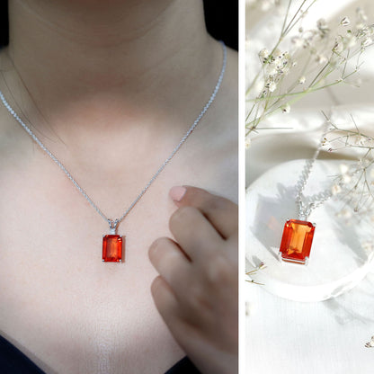 Certified 9 Carat Lab Grown Orange Sapphire Emerald Cut Necklace With Silver Chain