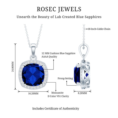 Certified 12 MM Cushion Lab Grown Blue Sapphire Halo Necklace