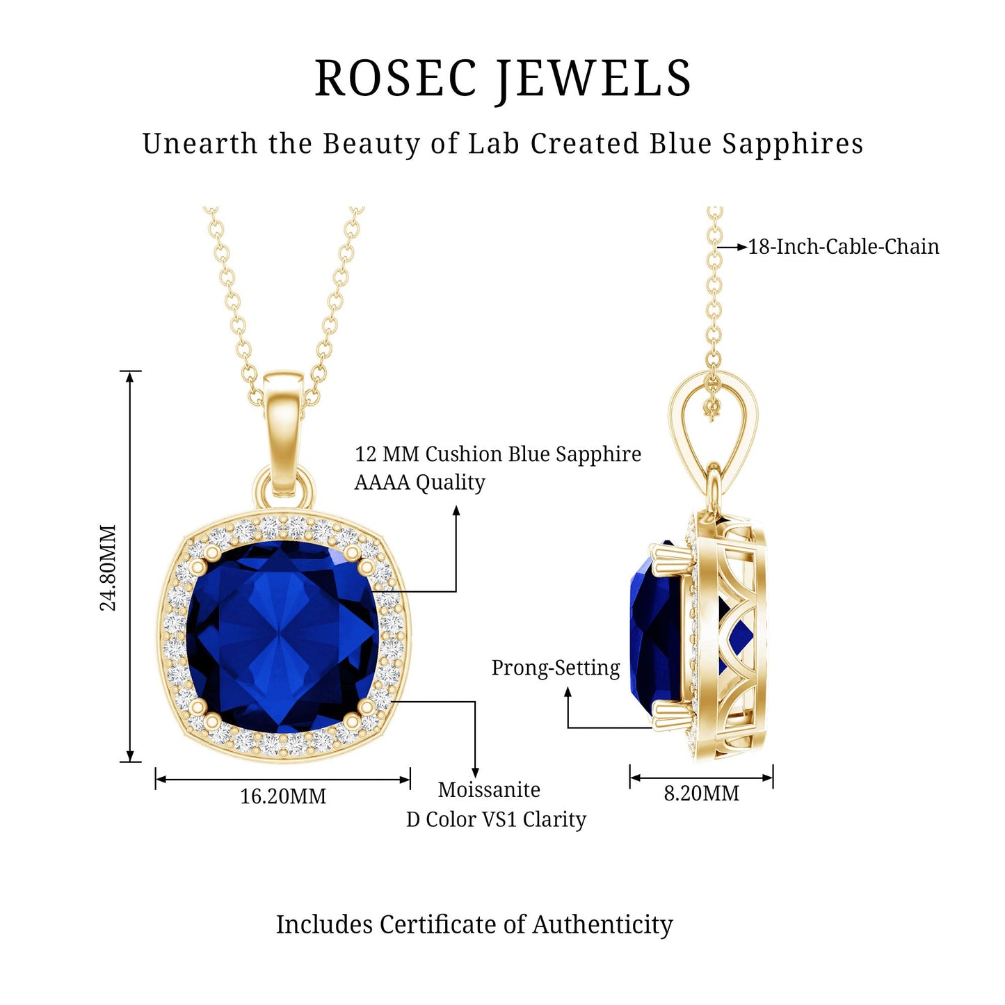 Certified 12 MM Cushion Lab Grown Blue Sapphire Halo Necklace