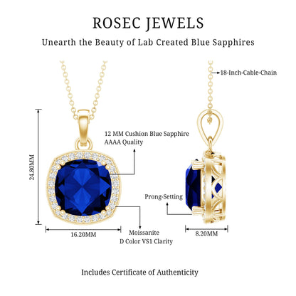 Certified 12 MM Cushion Lab Grown Blue Sapphire Halo Necklace