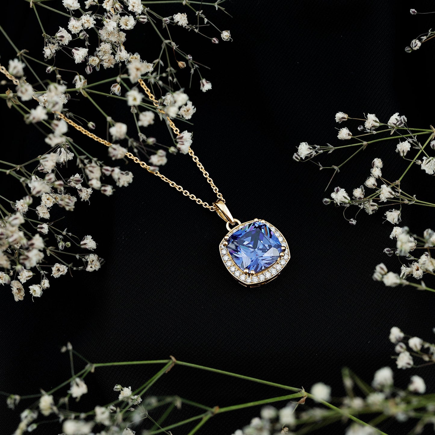 Certified 12 MM Cushion Lab Grown Blue Sapphire Halo Necklace