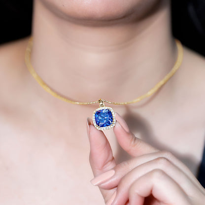 Certified 12 MM Cushion Lab Grown Blue Sapphire Halo Necklace