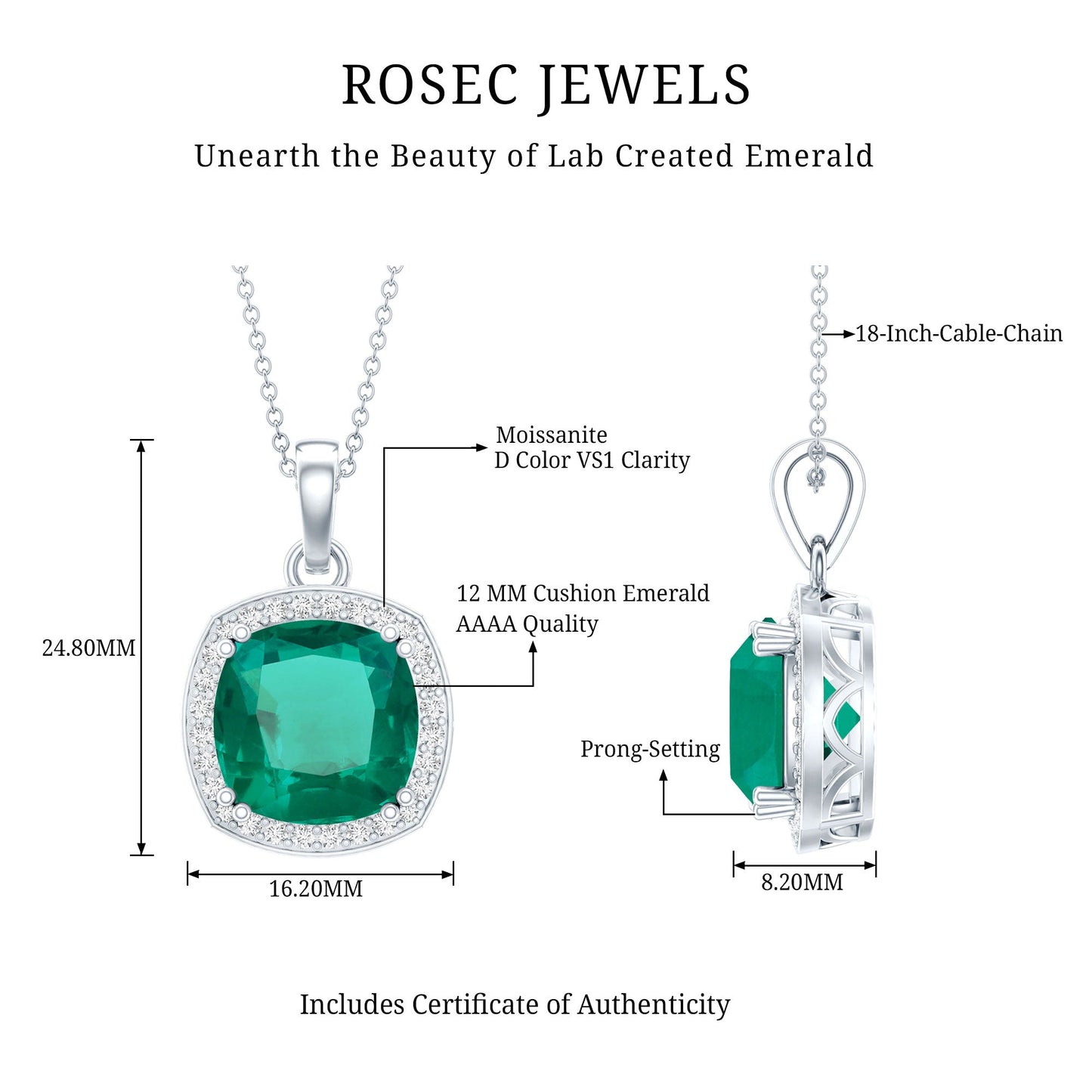 9 Carat Lab Grown Emerald Statement Necklace with Moissanite Halo
