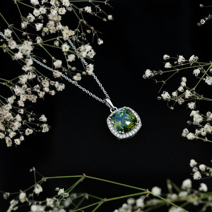 9 Carat Cushion Cut Lab Grown Green Sapphire Statement Necklace With Silver Chain