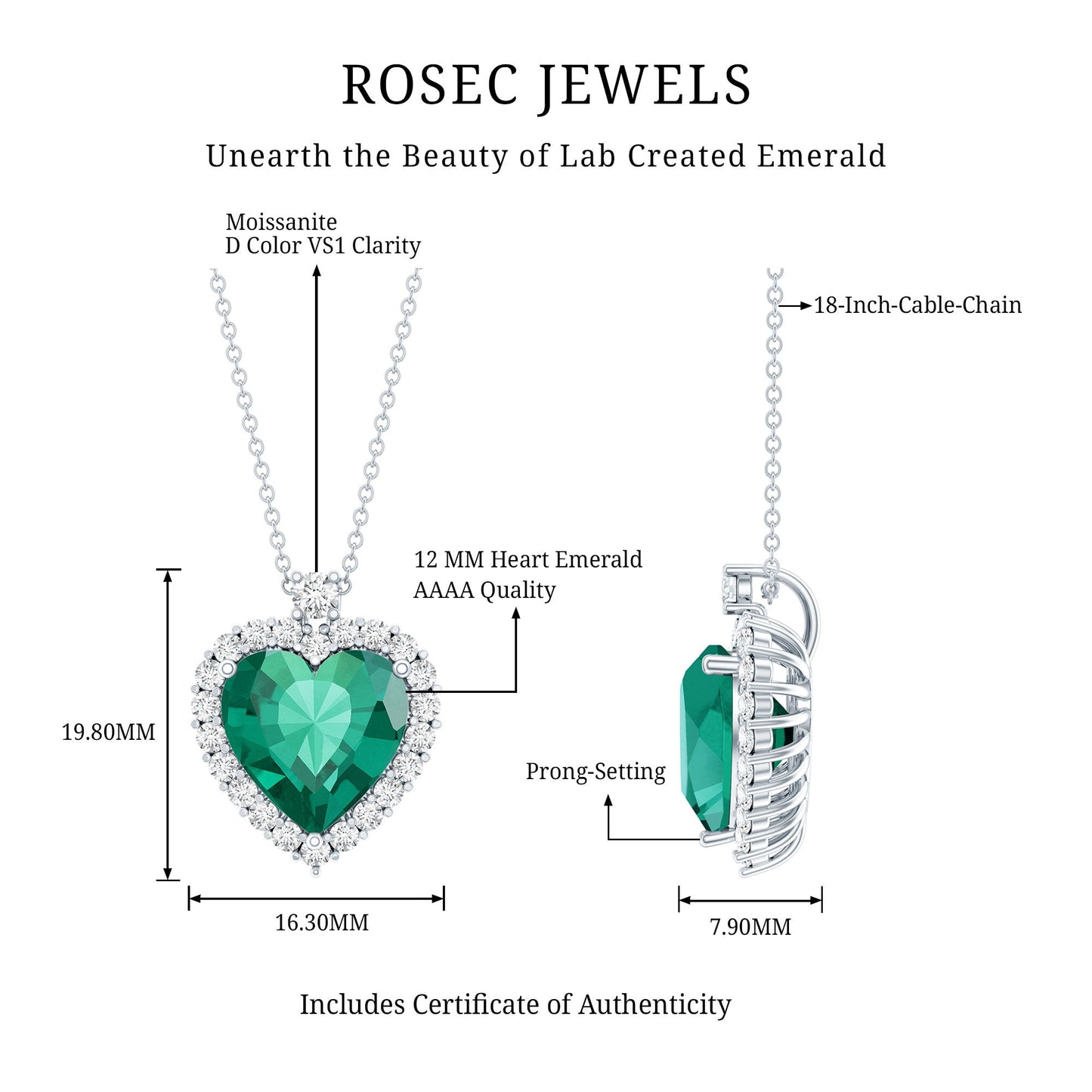 Lab Created 12 MM Emerald Moissanite Heart Pendant Necklace