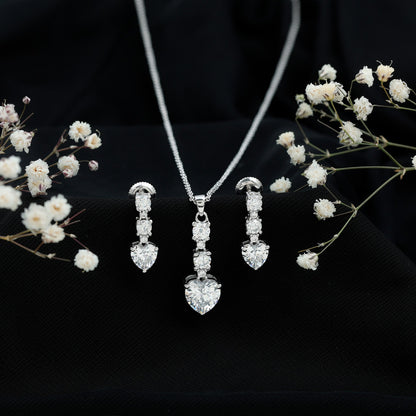 Cubic Zirconia Heart Necklace and Earrings Set in Sterling Silver