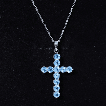 Natural Swiss Blue Topaz Cross Pendant Necklace with Silver Chain