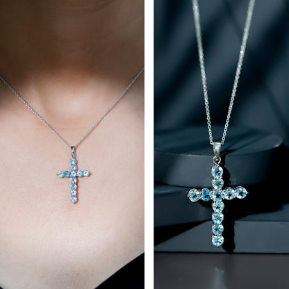 Womens Cross Necklace with Sky Blue Topaz