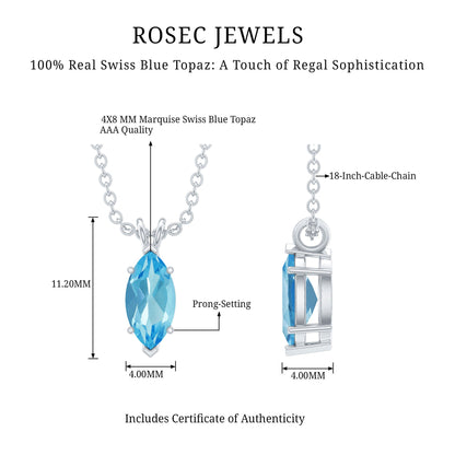 Real 0.7 Carat Marquise Swiss Blue Topaz Solitaire Pendant with Silver Chain