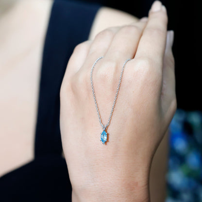 Real 0.7 Carat Marquise Swiss Blue Topaz Solitaire Pendant with Silver Chain