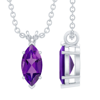 Genuine Marquise Cut Amethyst Solitaire Necklace with Silver Chain