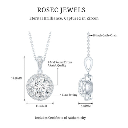Certified 8 MM Round Cubic Zirconia Halo Necklace with Chain