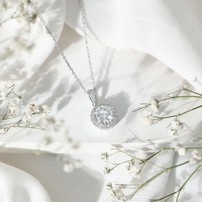 Certified 8 MM Round Cubic Zirconia Halo Necklace with Chain