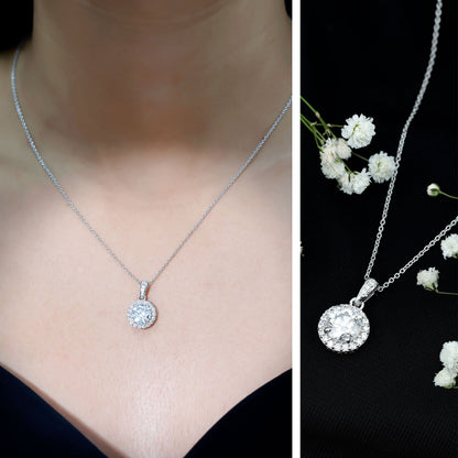 Certified 8 MM Round Cubic Zirconia Halo Necklace with Chain