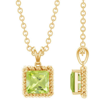 Genuine Princess Cut Peridot Pendant Necklace With Silver Chain