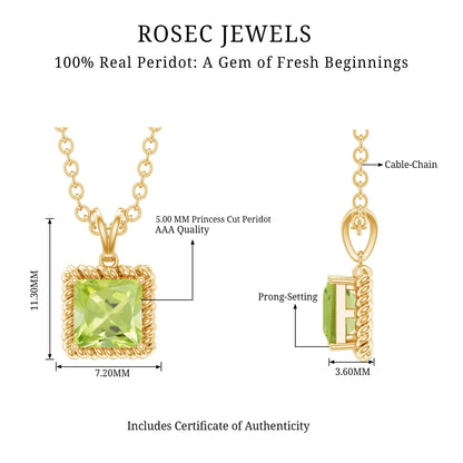 Genuine Princess Cut Peridot Pendant Necklace With Silver Chain