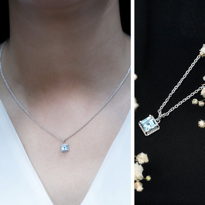 Natural Half Carat Aquamarine Princess Cut Necklace with Silver Chain