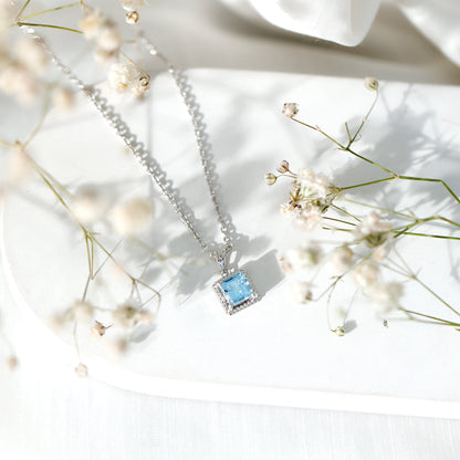 Natural Half Carat Aquamarine Princess Cut Necklace with Silver Chain