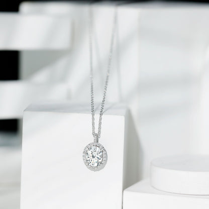 Certified 8X10 MM Oval Cubic Zirconia Halo Pendant with Chain