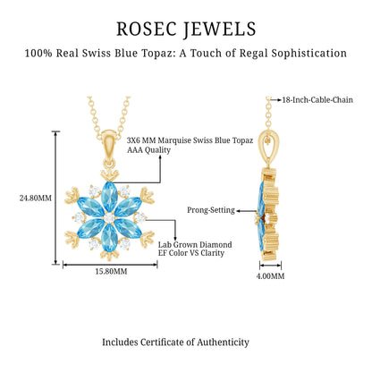 Real Swiss Blue Topaz Snowflake Necklace with Silver Chain