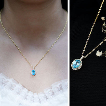 Natural 1 Carat Swiss Blue Topaz and Diamond Halo Necklace With Silver Chain