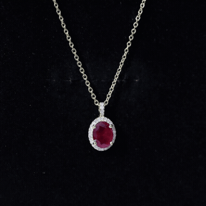 Natural 1.5 Carat Ruby Pendant Necklace with Diamond Halo in Gold Plated Silver
