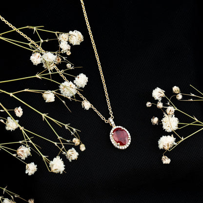 Natural 1.5 Carat Ruby Pendant Necklace with Diamond Halo in Gold Plated Silver