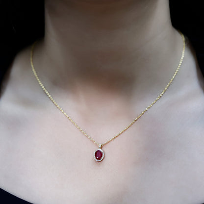 Natural 1.5 Carat Ruby Pendant Necklace with Diamond Halo in Gold Plated Silver