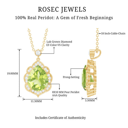 Natural 2.2 Carat Pear Shape Peridot Vintage Necklace with Lab Grown Diamond