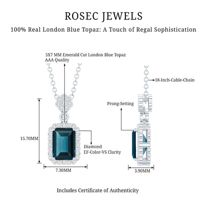 Genuine 1.1 Carat London Blue Topaz Emerald Cut Necklace with Diamond Halo