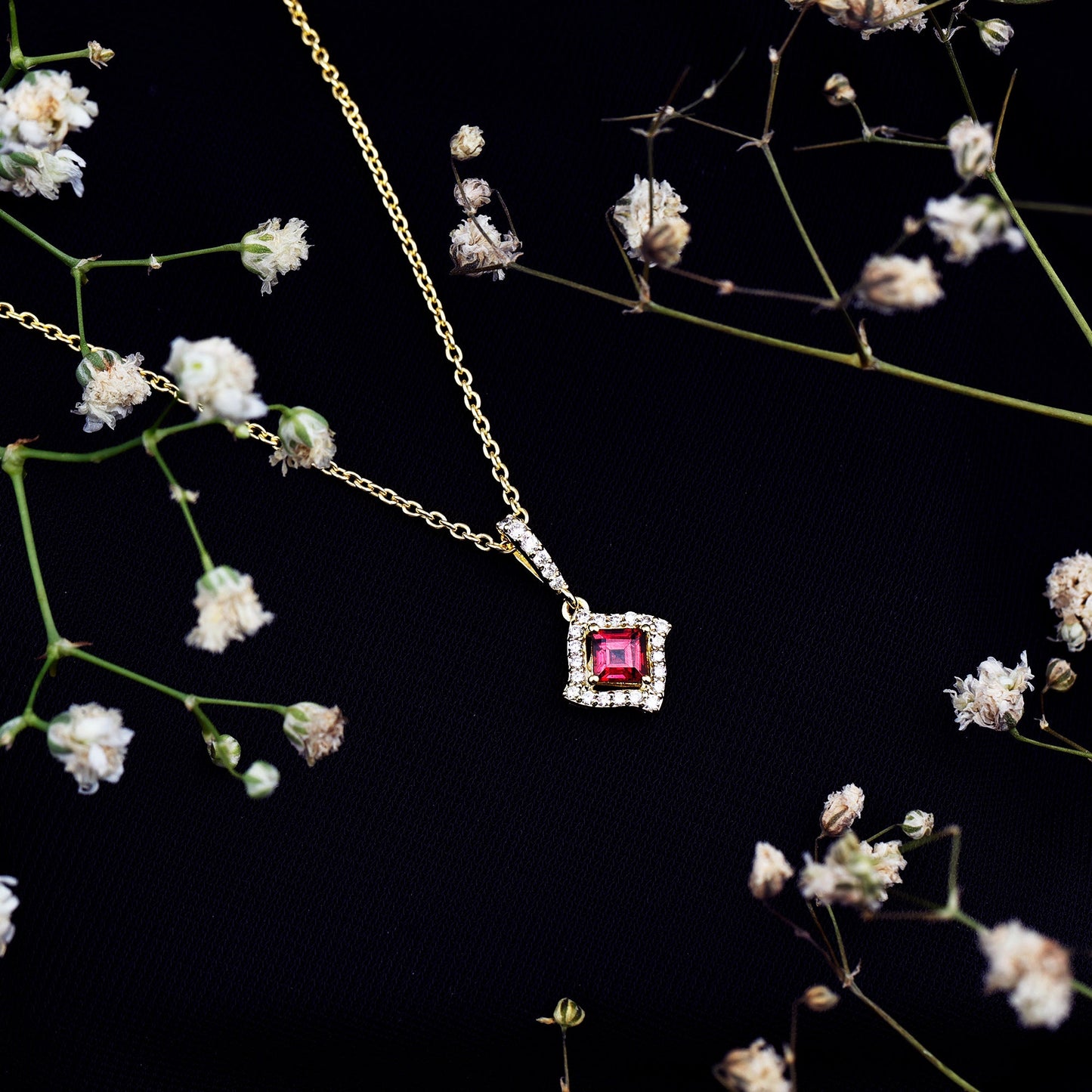 Sterling Silver Black Spinel Necklace with Diamond Halo