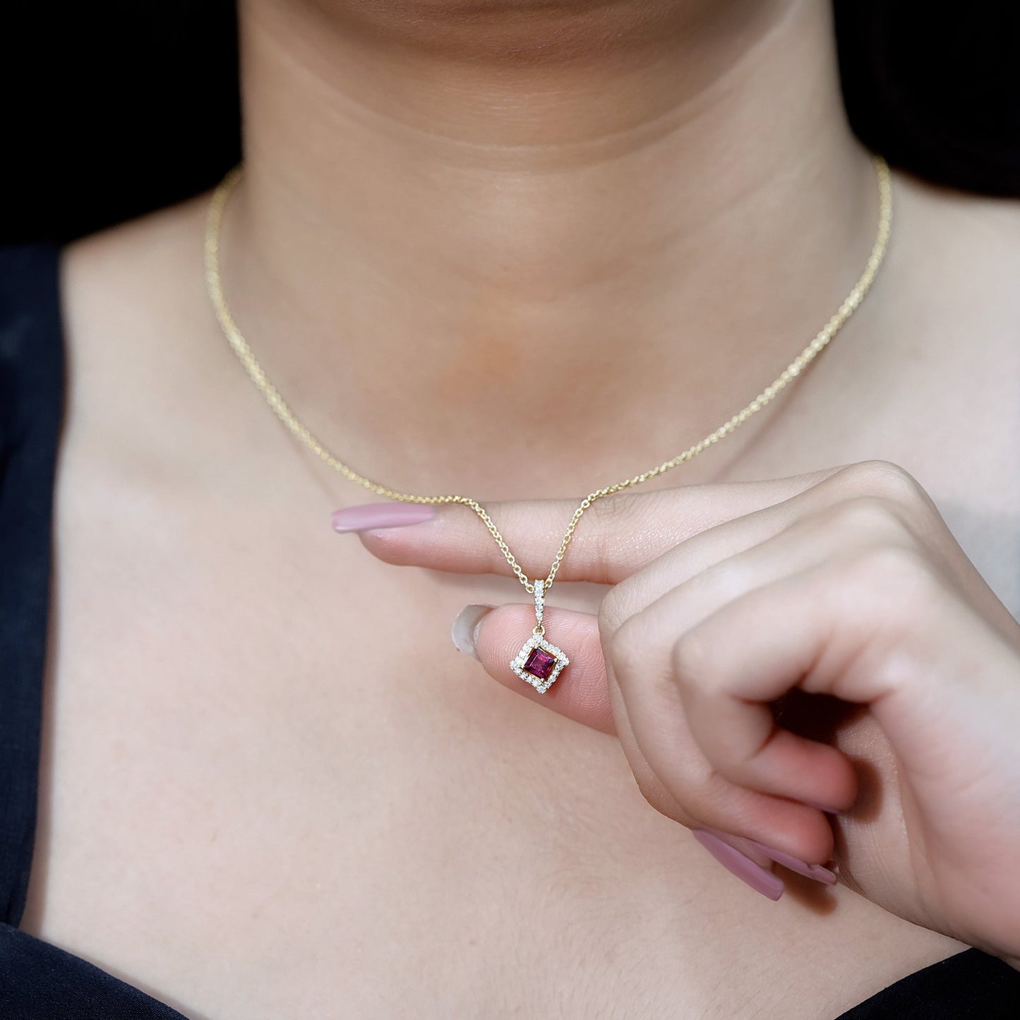 Sterling Silver Black Spinel Necklace with Diamond Halo
