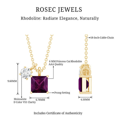 1.4 Carat Princess Cut Rhodolite Garnet Promise Necklace with Moissanite