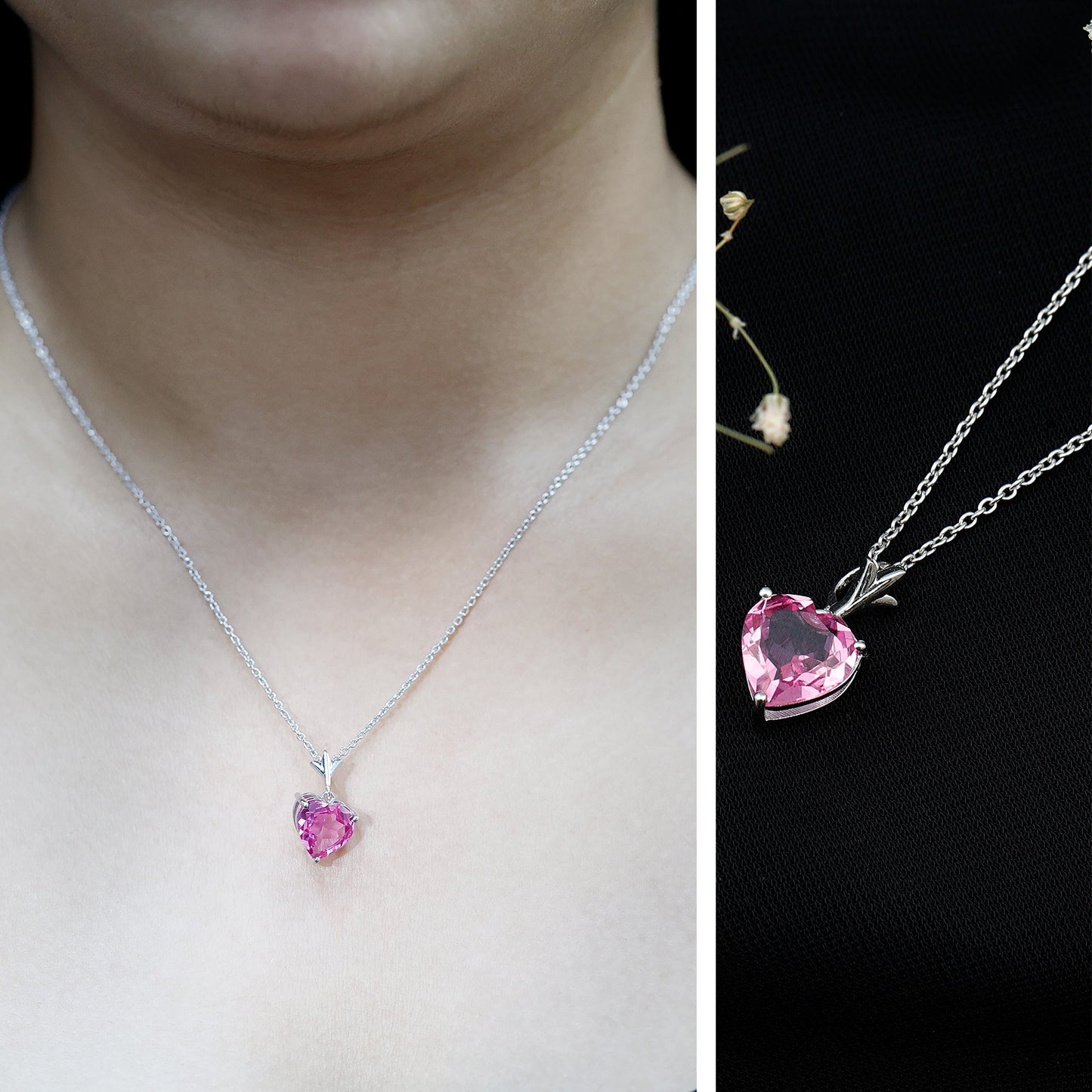 Certified 3.5 Carat Lab Created Pink Sapphire Heart Necklace with Silver Chain