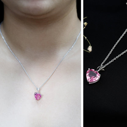 Certified 3.5 Carat Lab Created Pink Sapphire Heart Necklace with Silver Chain