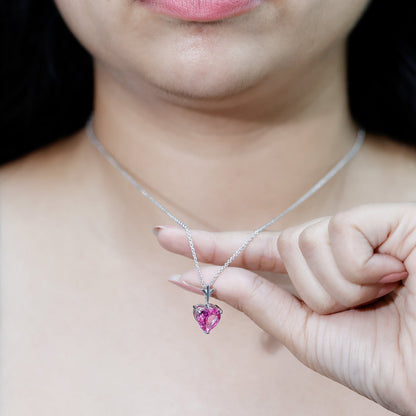 Certified 3.5 Carat Lab Created Pink Sapphire Heart Necklace with Silver Chain